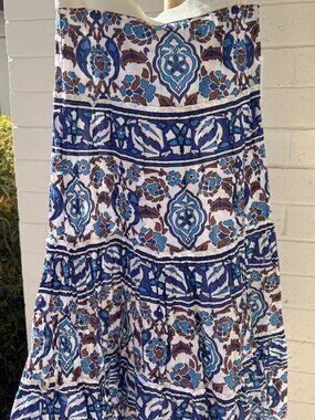 NWT Karen Kane Crinkle Cotton Tiered Maxi Skirt Moroccan Tile Print Blue S
